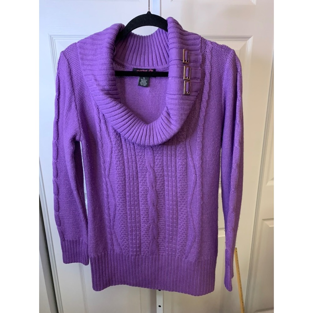 Say What? Purple Cable Knit Cowl Neck Buckle Accent Wool Blend Sweater XL